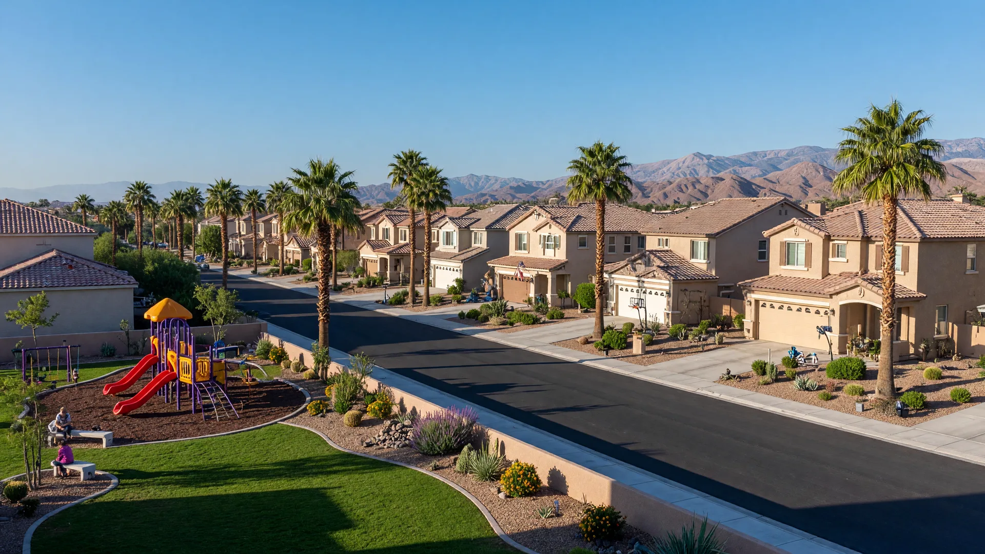New single-family homes with desert landscaping in a North Las Vegas master-planned community with mountains on the horizon