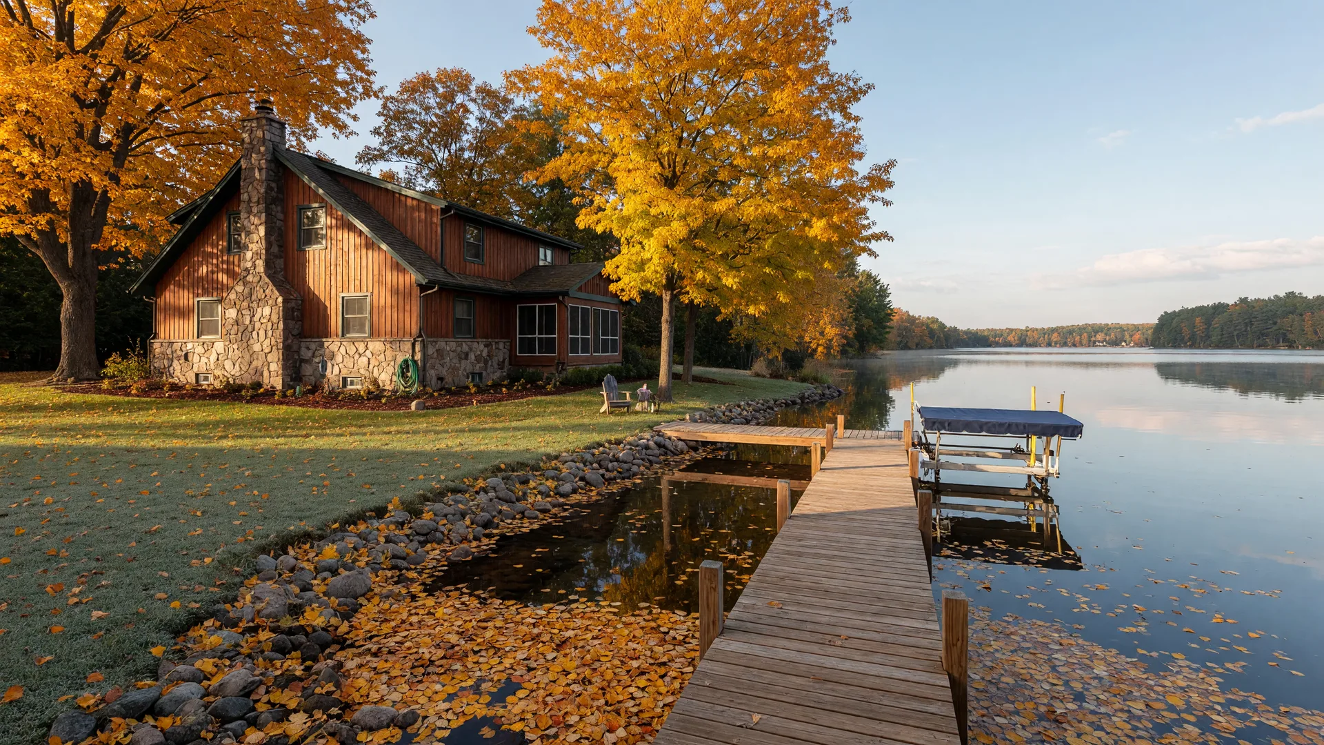 A classic Minnesota lake home on a clear October morning, cedar siding with stone accents, a long wooden dock with a boat lift, and golden fall foliage along the shoreline