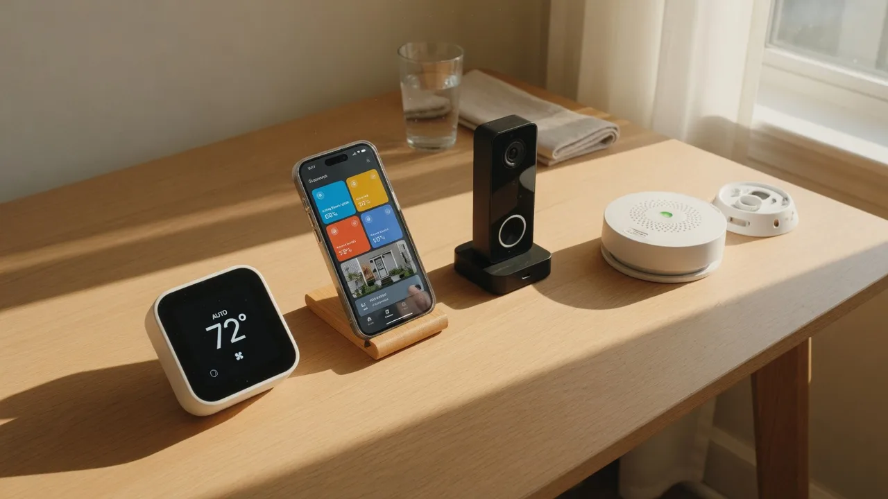 Smart home devices including a thermostat, smartphone app, doorbell, and smoke detector arranged on a clean oak desk in warm afternoon light