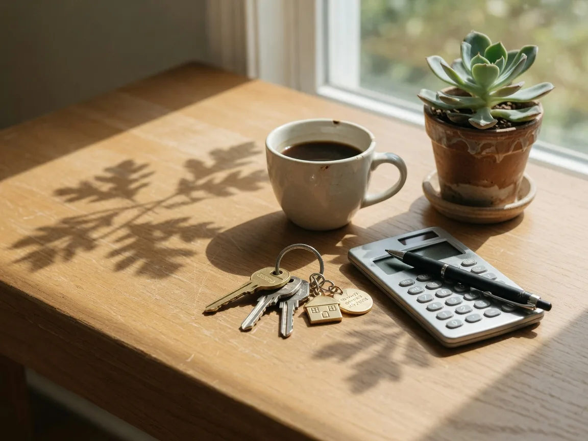 House keys with a gold keychain, a calculator, a pen, a coffee cup, and a small potted plant on a wooden table near a bright window