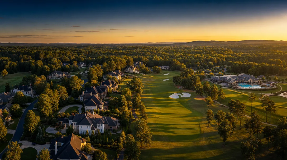 Aerial view of Apalachee Farms golf course community at golden hour in Dacula Georgia