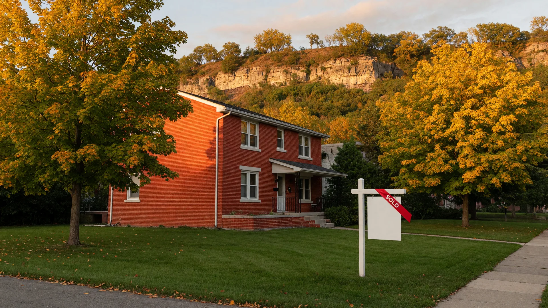 Freshly painted brick home on the Hamilton Mountain with a For Sale sign at late afternoon light