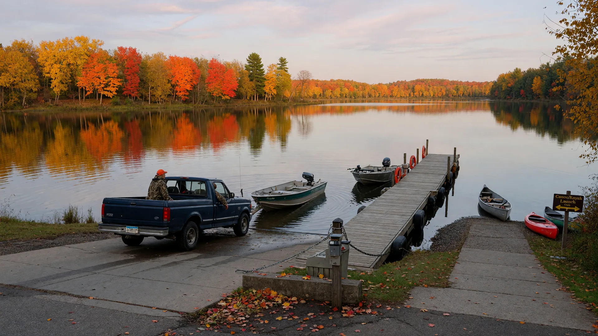 A pickup truck backing a fishing boat down a public launch ramp into a calm northern Minnesota lake in early autumn, with brilliant orange and gold shoreline trees reflecting in the water