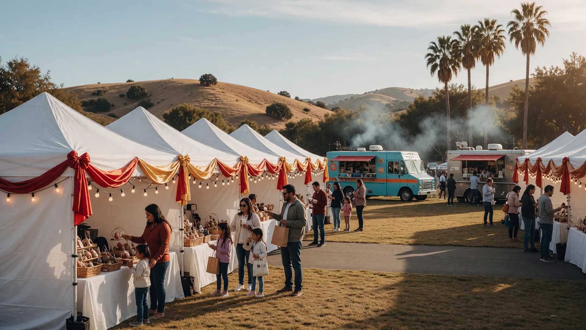A holiday festival market with white artisan booths, festive banners and string lights in a Southern California park