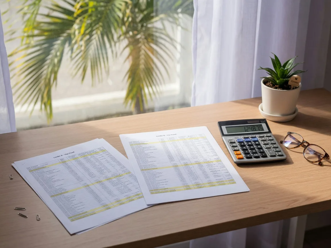 Two mortgage comparison sheets with a calculator and glasses on a bright desk near a window with palm fronds outside