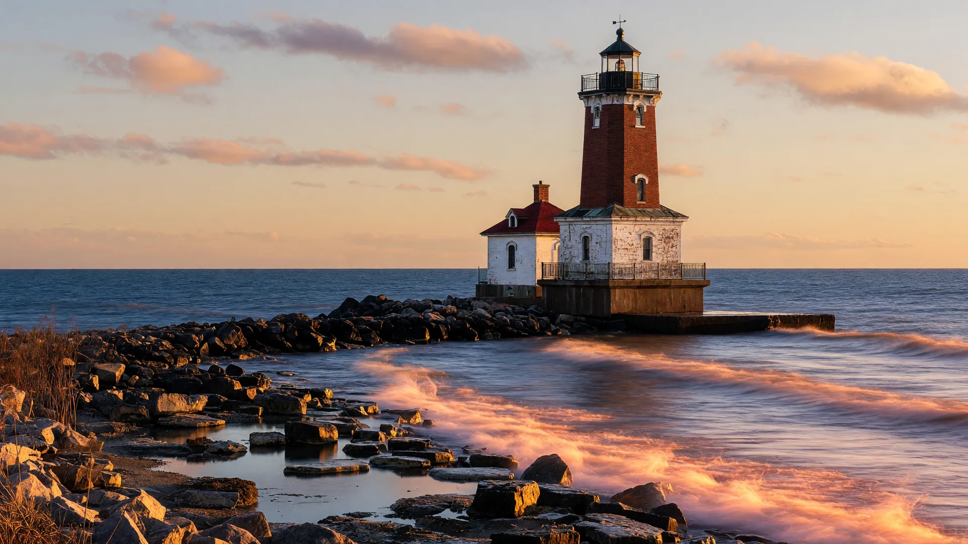Lorain Lighthouse on Lake Erie at golden hour, with warm light reflecting on water and rocky shoreline