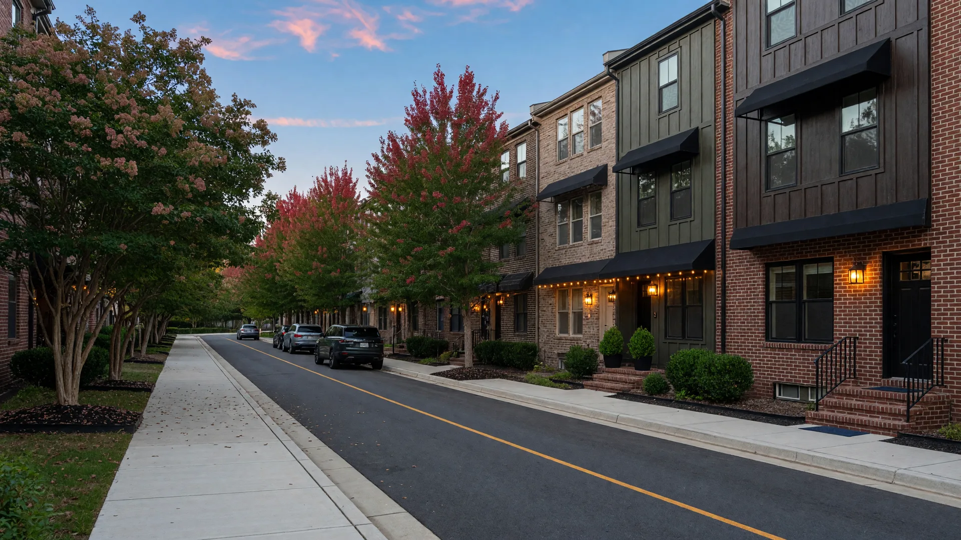 An upscale townhome community in Northern Virginia at dusk, with warm porch lights and mature trees