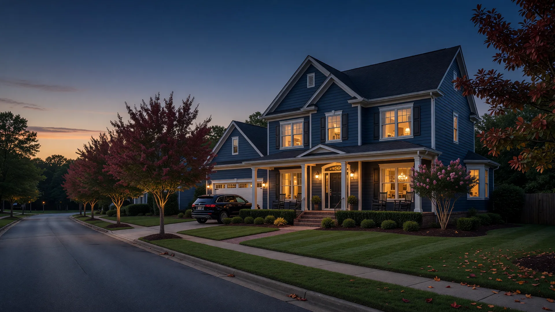 A handsome Georgia suburban home at dusk with warm amber-lit windows under a navy-blue twilight sky and a gold horizon