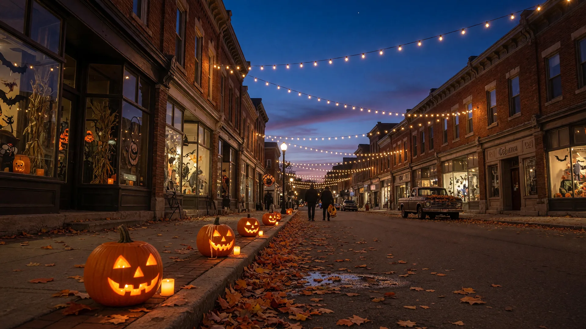 Downtown Oshawa street lit with string lights and jack-o'-lanterns on a crisp October evening