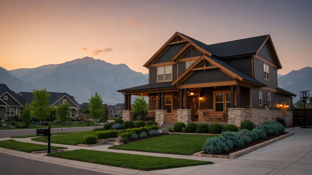Newer suburban home in Herriman, Utah at dusk with the Oquirrh mountains behind it