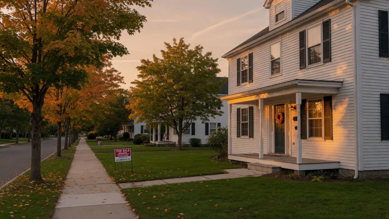 A classic white clapboard colonial home in North Haven, Connecticut at golden hour in early autumn, with mature maples showing fall color along a quiet tree-lined street