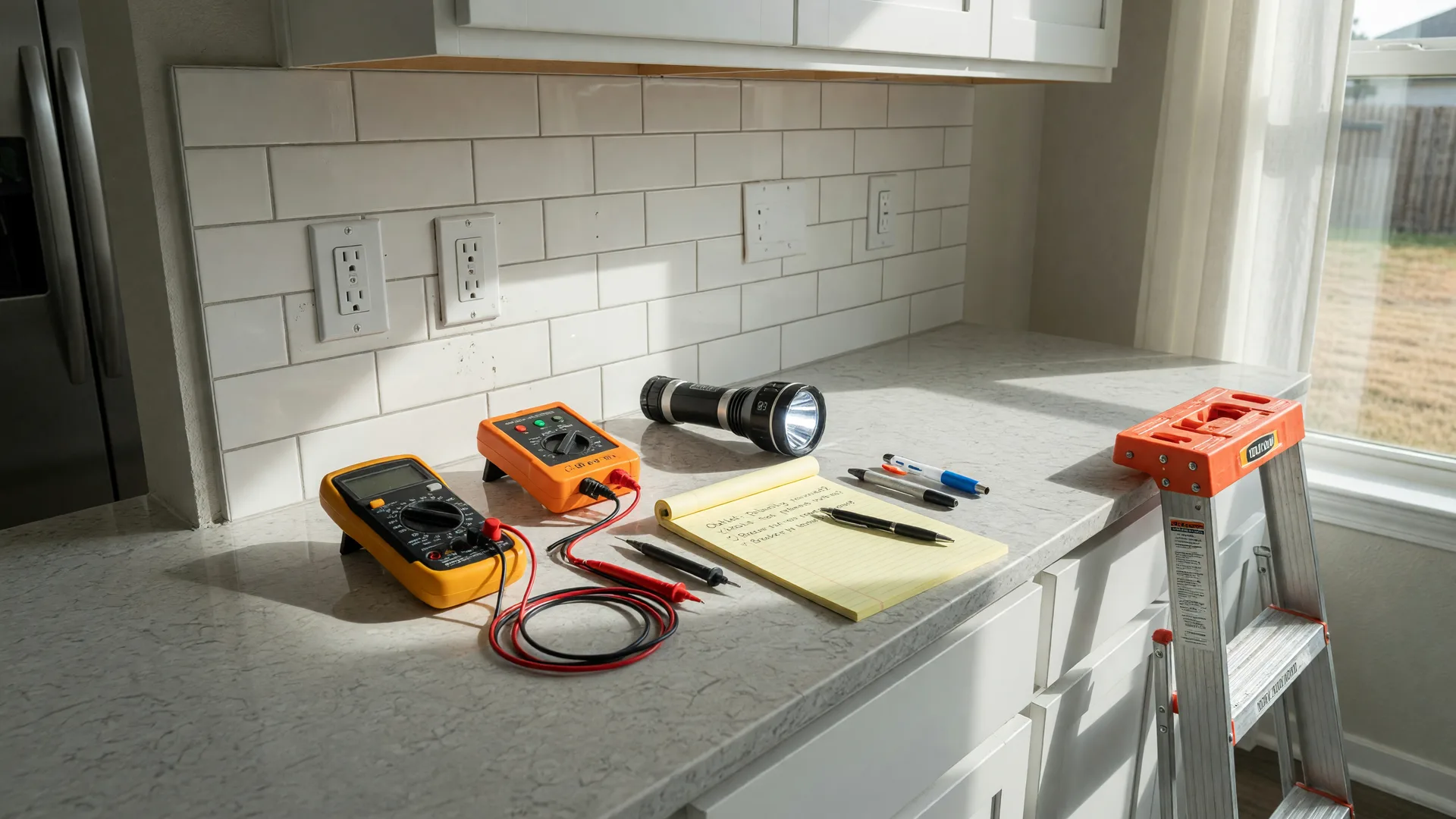 Home inspection tools including a multimeter, outlet tester, and flashlight on a kitchen counter