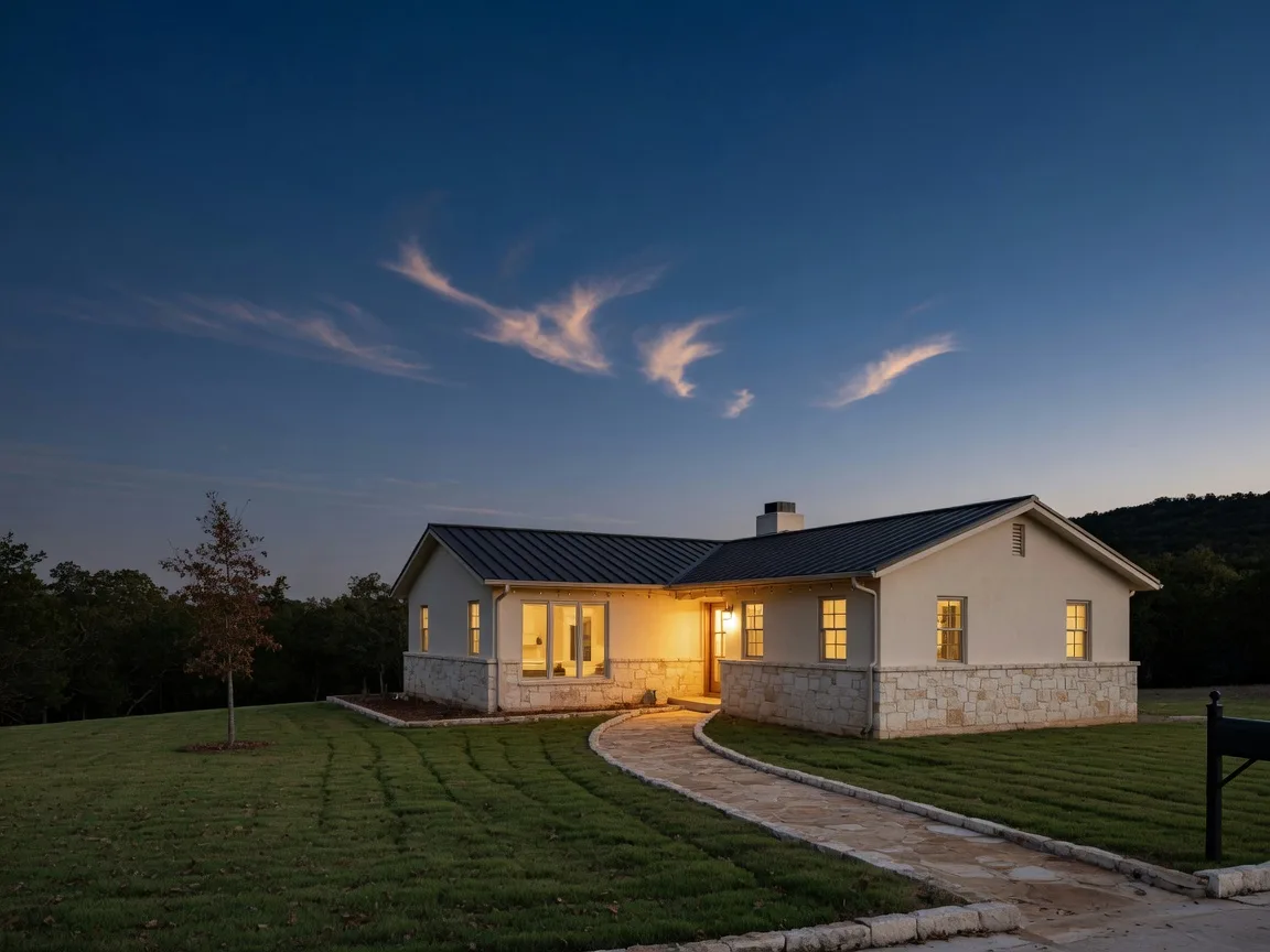 A cream stucco Texas Hill Country home at blue-hour dusk with warm windows, the kind of first home down payment assistance can help you reach