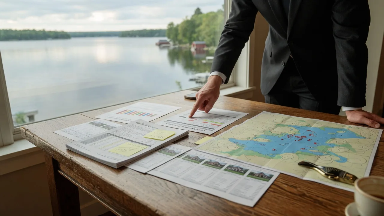 Property valuation analysis on a wooden table overlooking a Minnesota lake