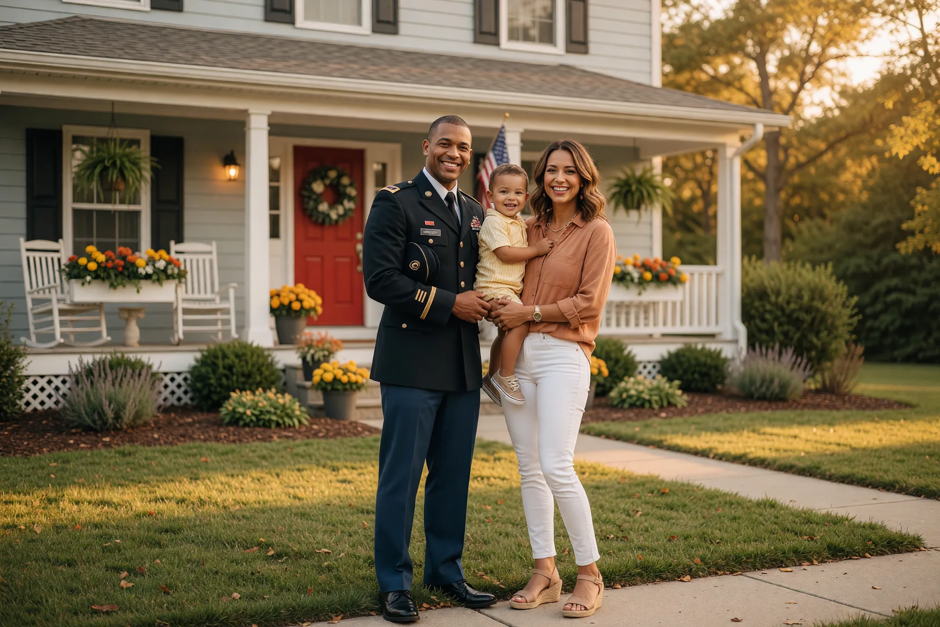 Smiling military family relocating to a new home
