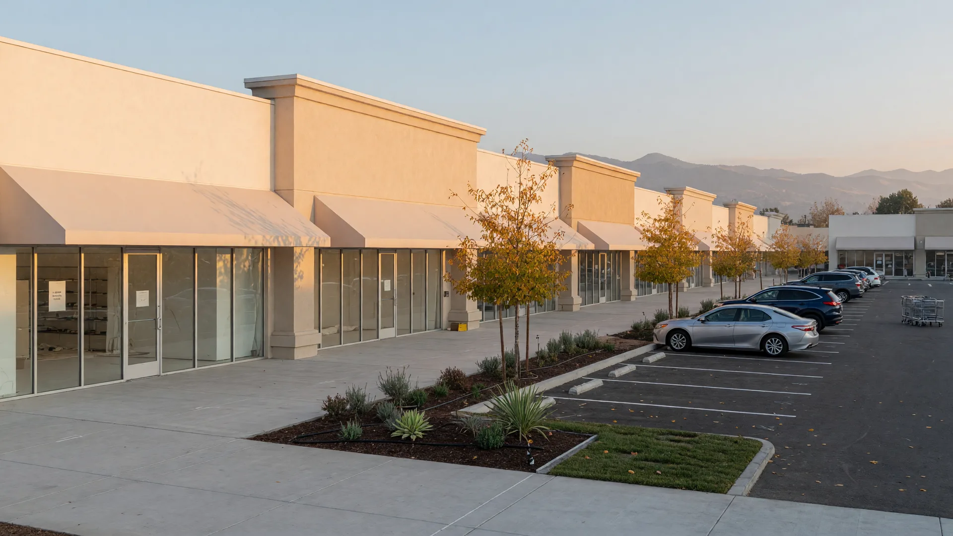 A newly developed shopping center corridor on the eastern edge of Merced, California in late October, fresh stucco storefronts under clean awnings, young autumn trees along a wide sidewalk, warm low morning light, and the hazy Sierra Nevada foothills on the horizon
