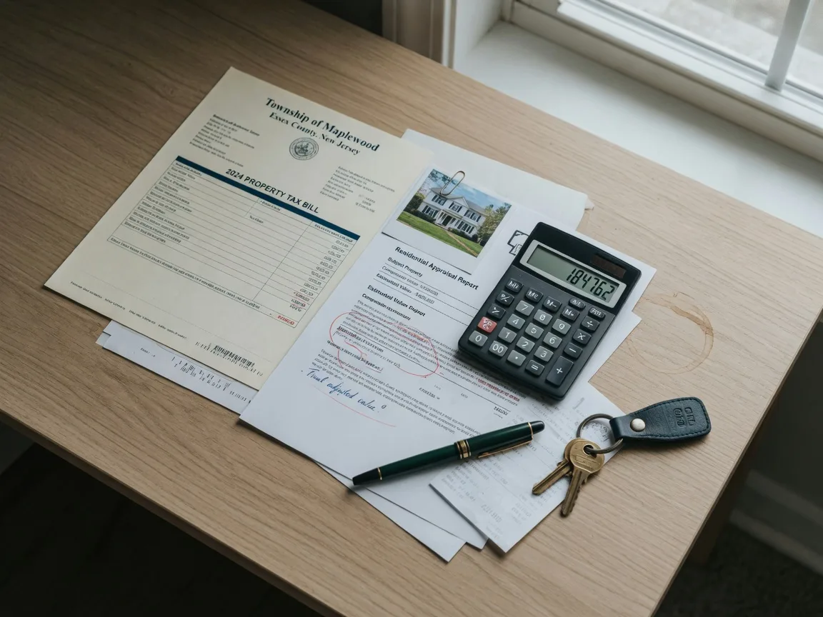 Homeownership financial documents including a property tax bill, calculator, pen, and house keys arranged on a wooden desk