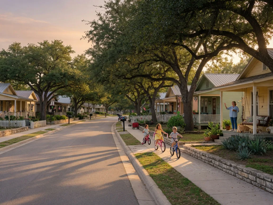 Residential street with detached homes and mature trees in the Texas Hill Country
