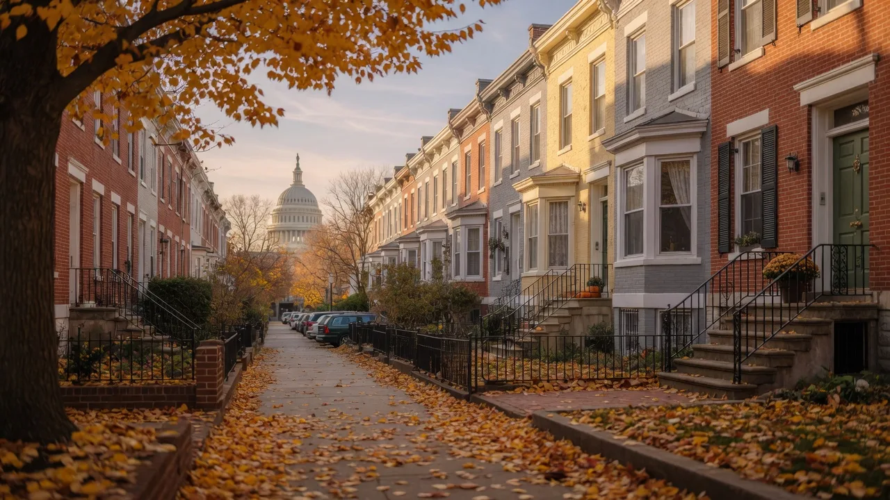 A classic Washington, DC rowhouse street in late autumn with golden leaves on the sidewalks and trees, warm afternoon light on the brick facades, and the U.S. Capitol dome faint on the horizon