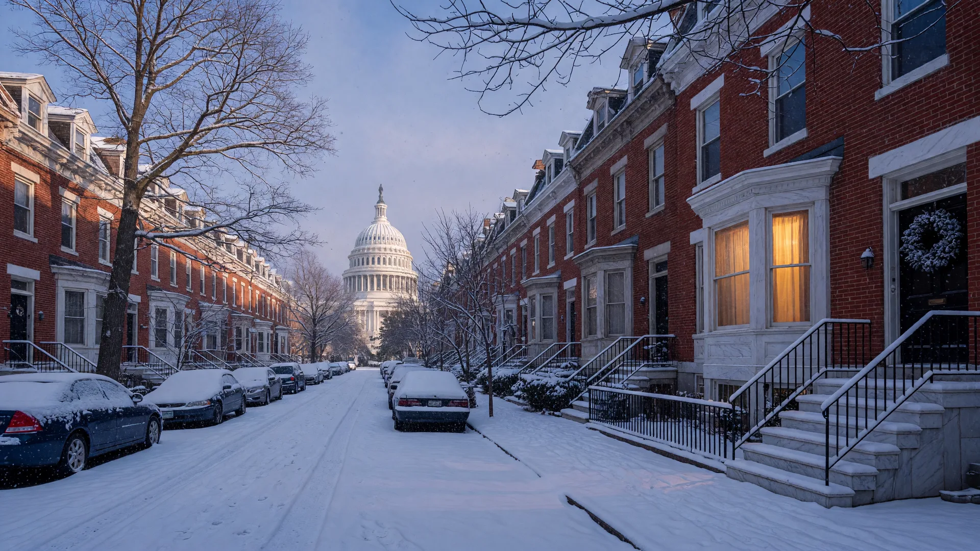Snow-dusted red-brick rowhouses on a Washington, DC street on a winter morning, warm light glowing from bay windows, with the U.S. Capitol dome faint in the blue haze at the end of the street
