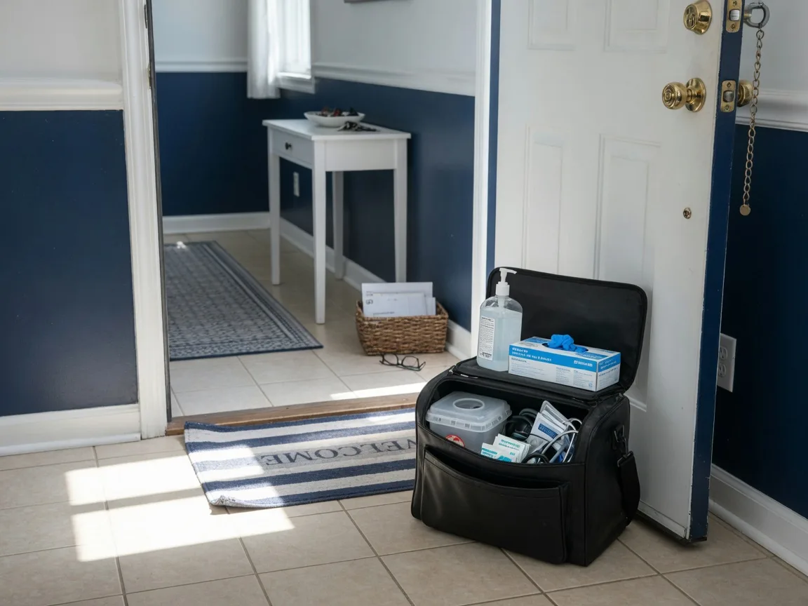 A professional home nursing visit bag with hand sanitizer and a box of gloves at the threshold of a bright home entrance