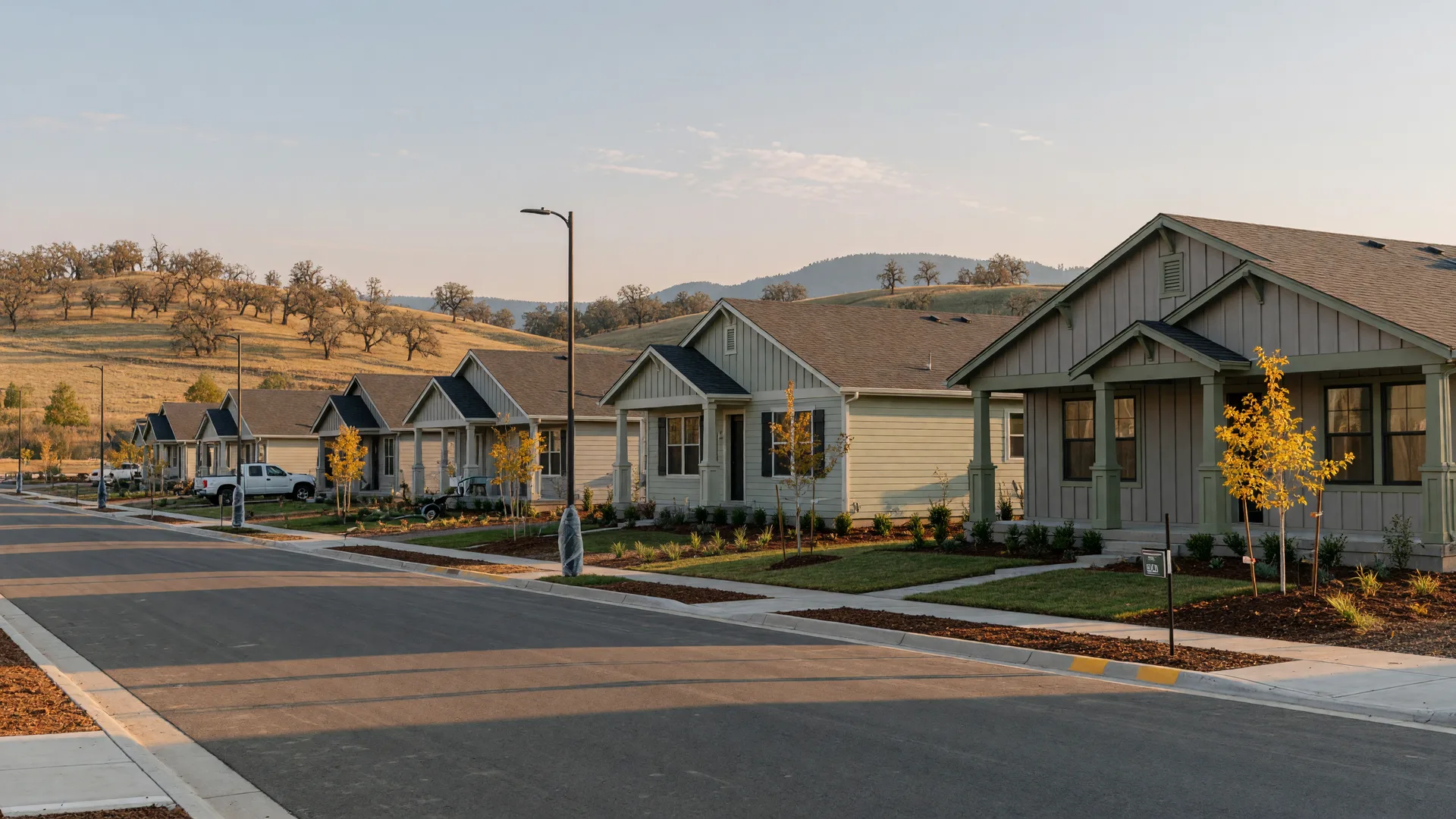 A row of new single-story craftsman homes in a southwest Grants Pass subdivision on a golden September afternoon, with oak-studded hills beyond