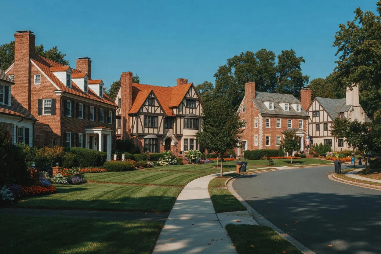 Bright daylight view of a colonial and Tudor style street in Chevy Chase, Maryland