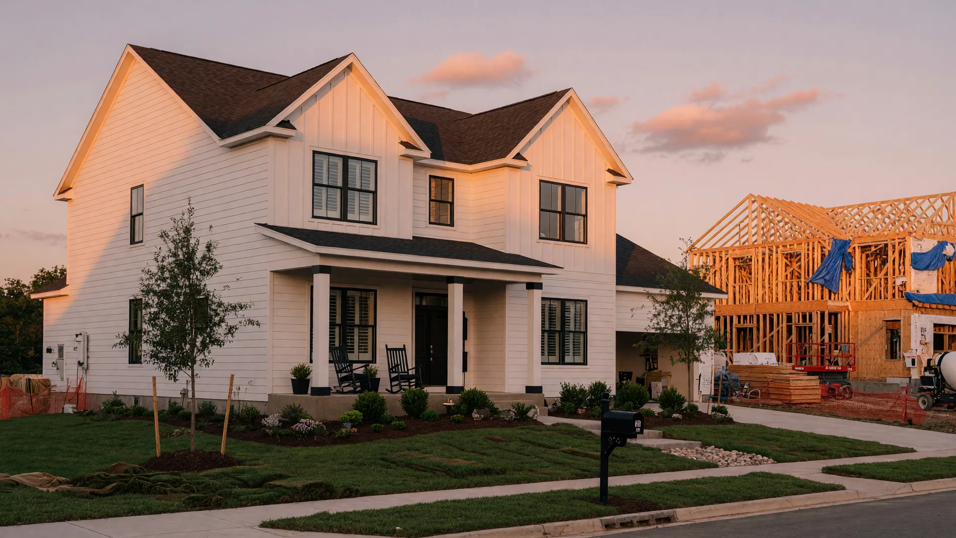 A freshly completed new-construction home at golden hour: white plank siding, black-framed windows, and a covered front porch, with a similar home under construction softly blurred in the distance