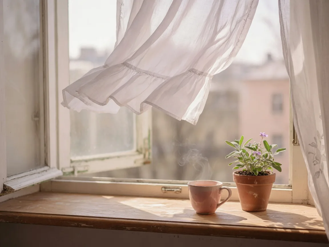 Open window with sheer white curtains, a potted sage plant and a cup of tea on the sill in soft morning light