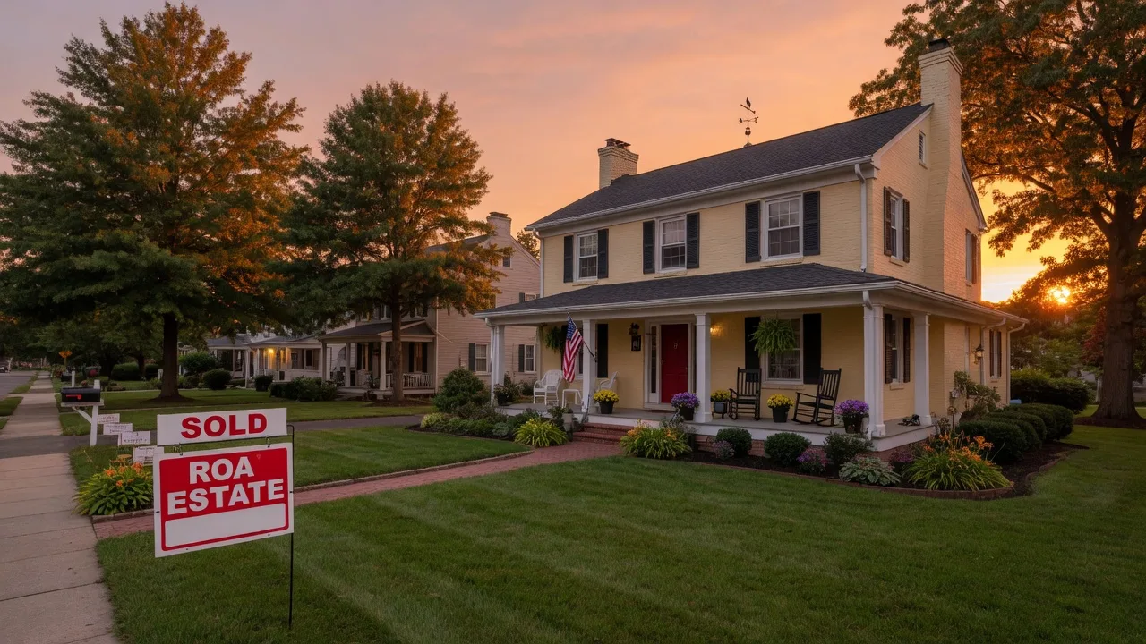 Sold sign in front of a beautifully maintained colonial home in Burlington County with manicured lawn and golden hour light