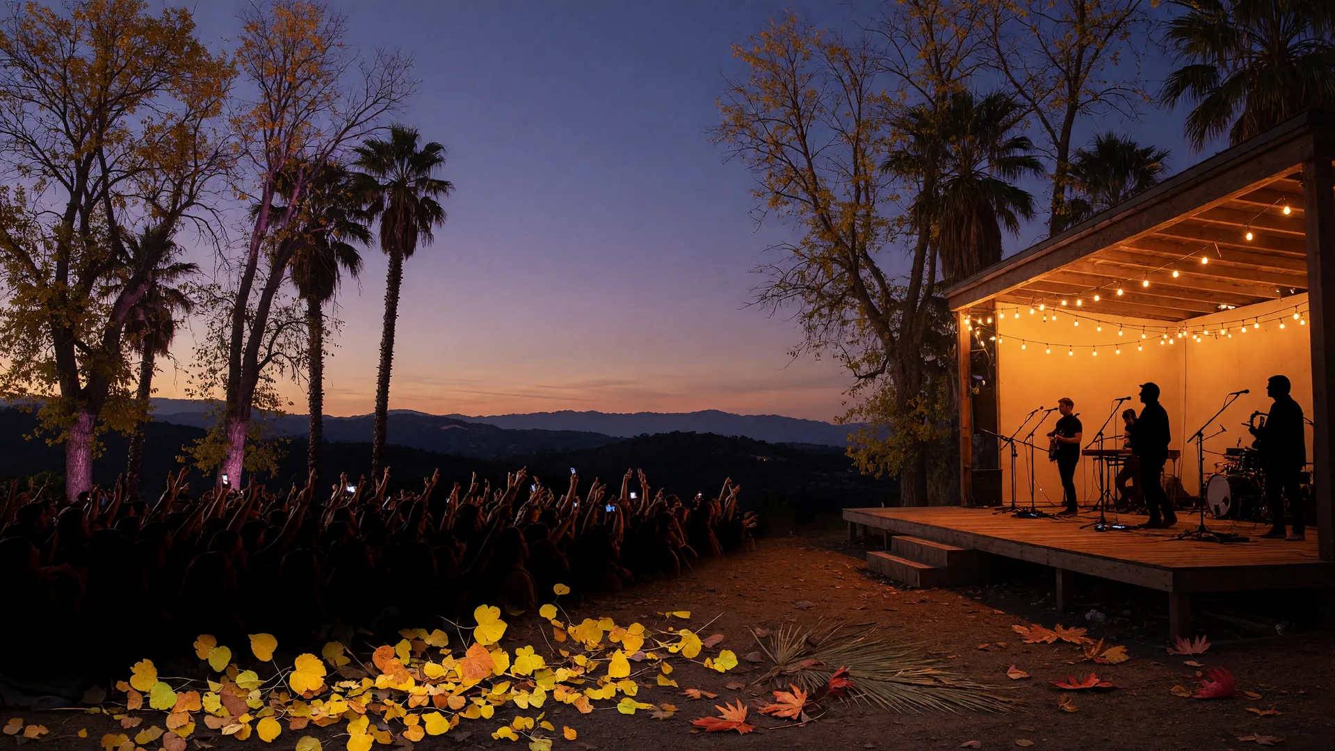 An outdoor evening concert at a Central Valley venue in late October, a wooden stage glowing with warm amber stage lights and string lights, a silhouetted crowd with raised hands, autumn cottonwood and palm trees, and the Sierra Nevada foothills on the horizon at dusk