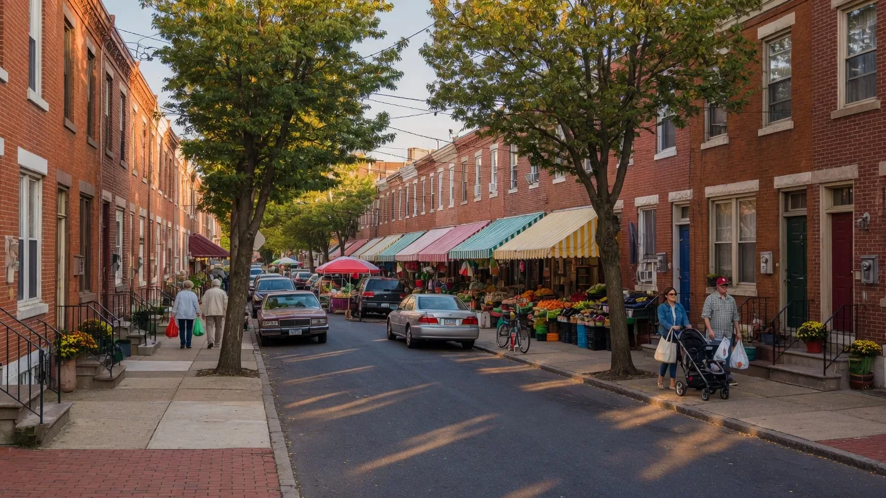 Bella Vista residential street with rowhomes and Italian Market awnings in Philadelphia