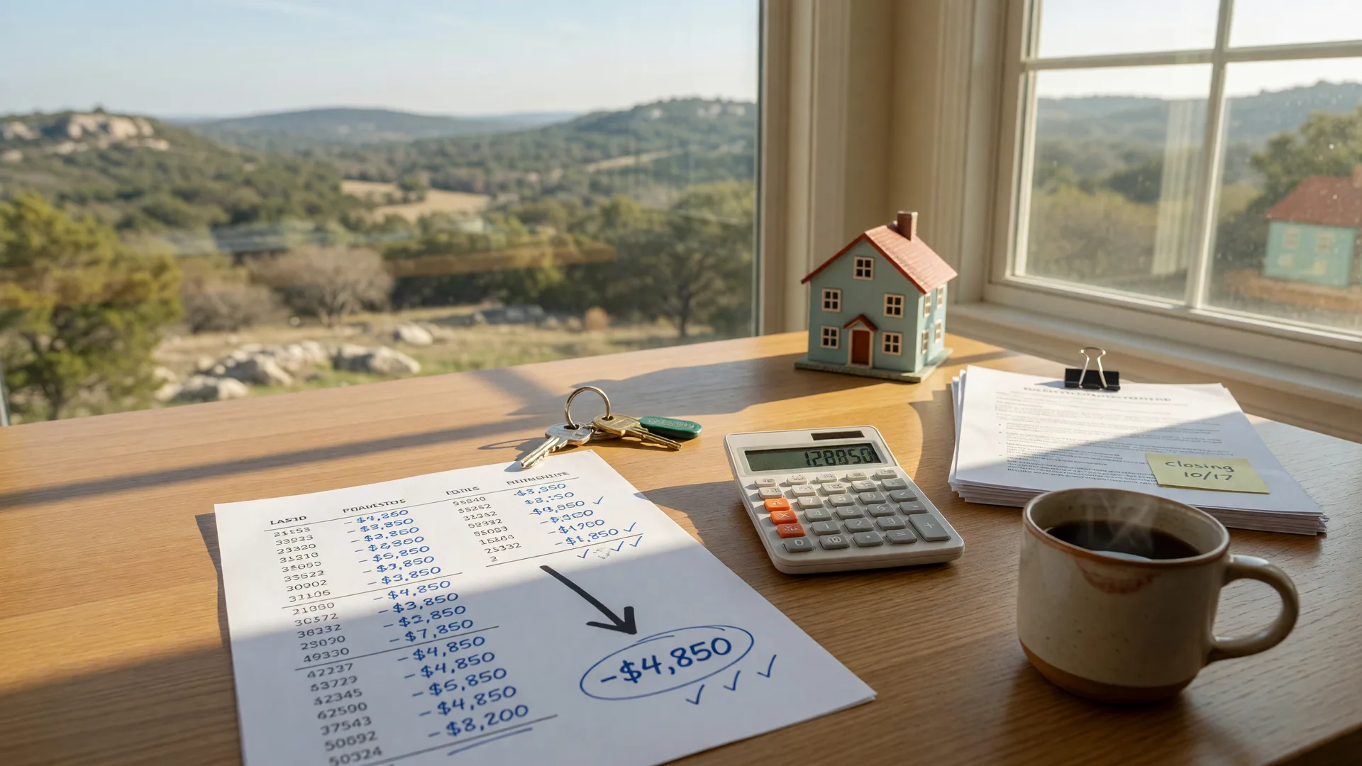 A home seller's planning desk in warm morning light with a handwritten net proceeds worksheet, calculator, brass house key, clipped papers, and a ceramic model house, a Texas Hill Country view through the window