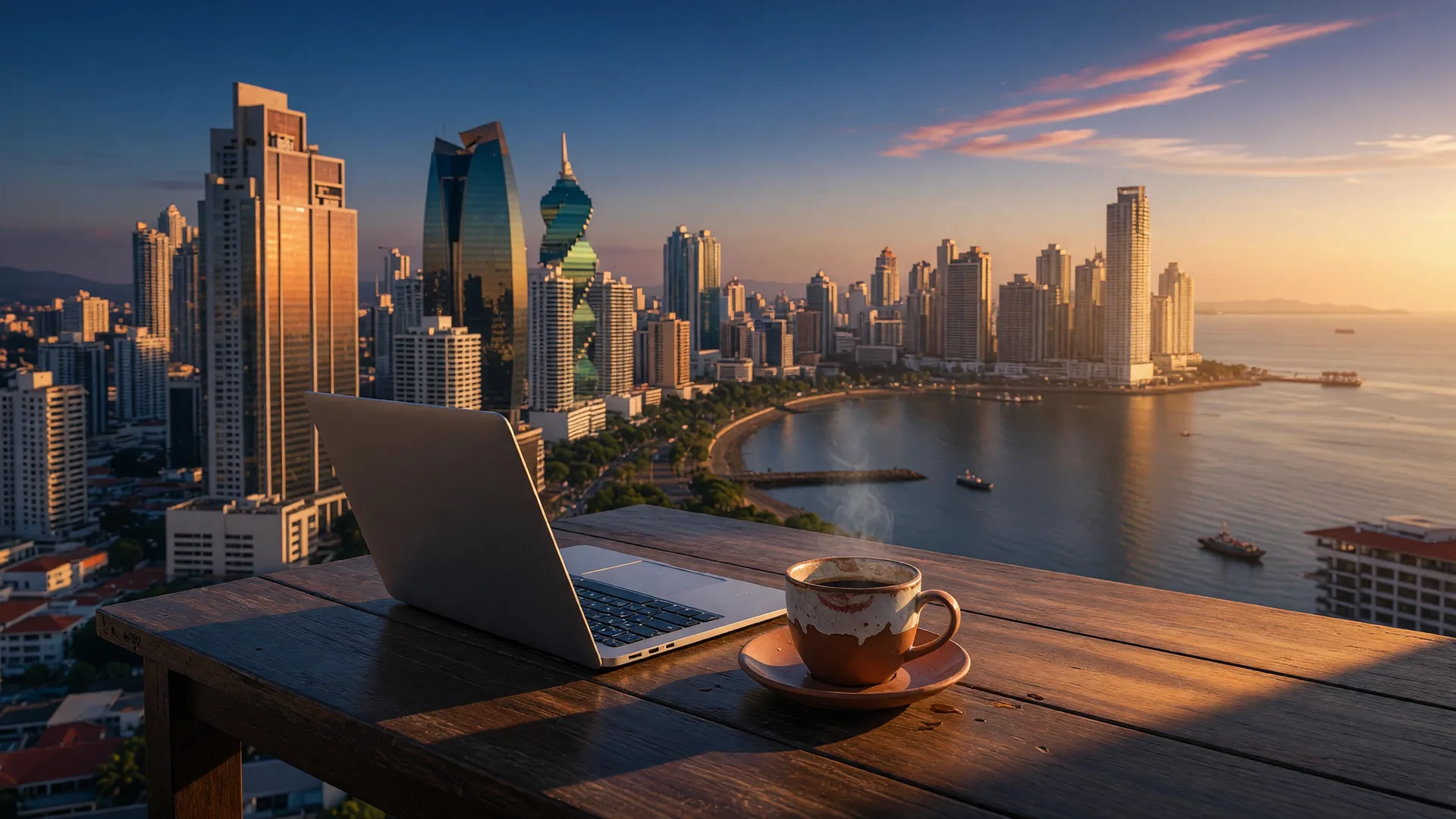 A laptop and a coffee cup on a rooftop terrace table overlooking the Panama City skyline and Pacific waterfront at golden hour