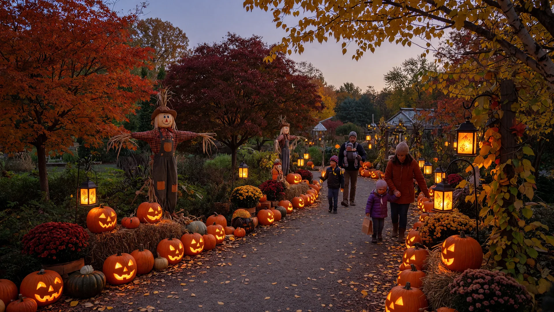 Lantern-lit garden path at Tulsa Botanic Garden in autumn with glowing jack-o-lanterns, pumpkins, and scarecrow displays at dusk