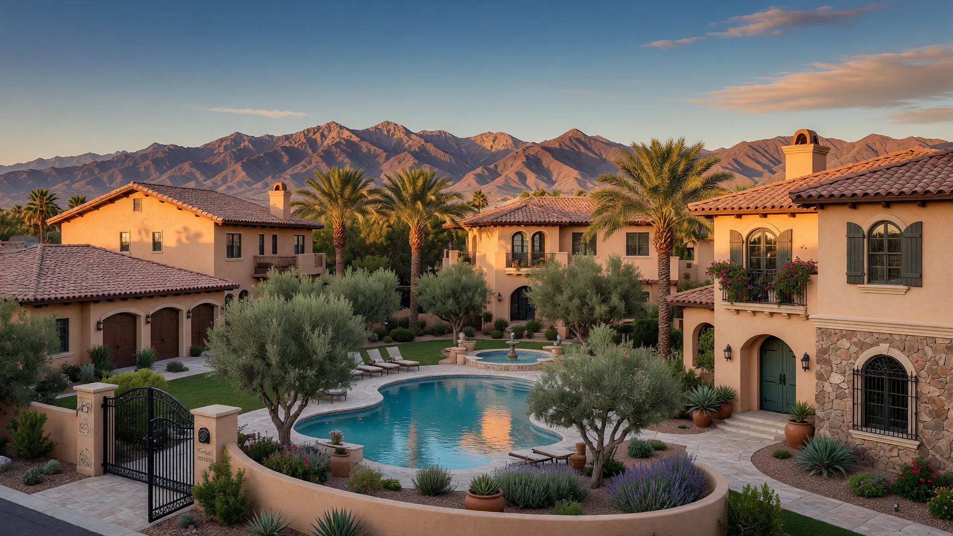 A Mediterranean-inspired gated community in southwest Las Vegas with clay-tile roofs, an arched pool and mountains on the horizon