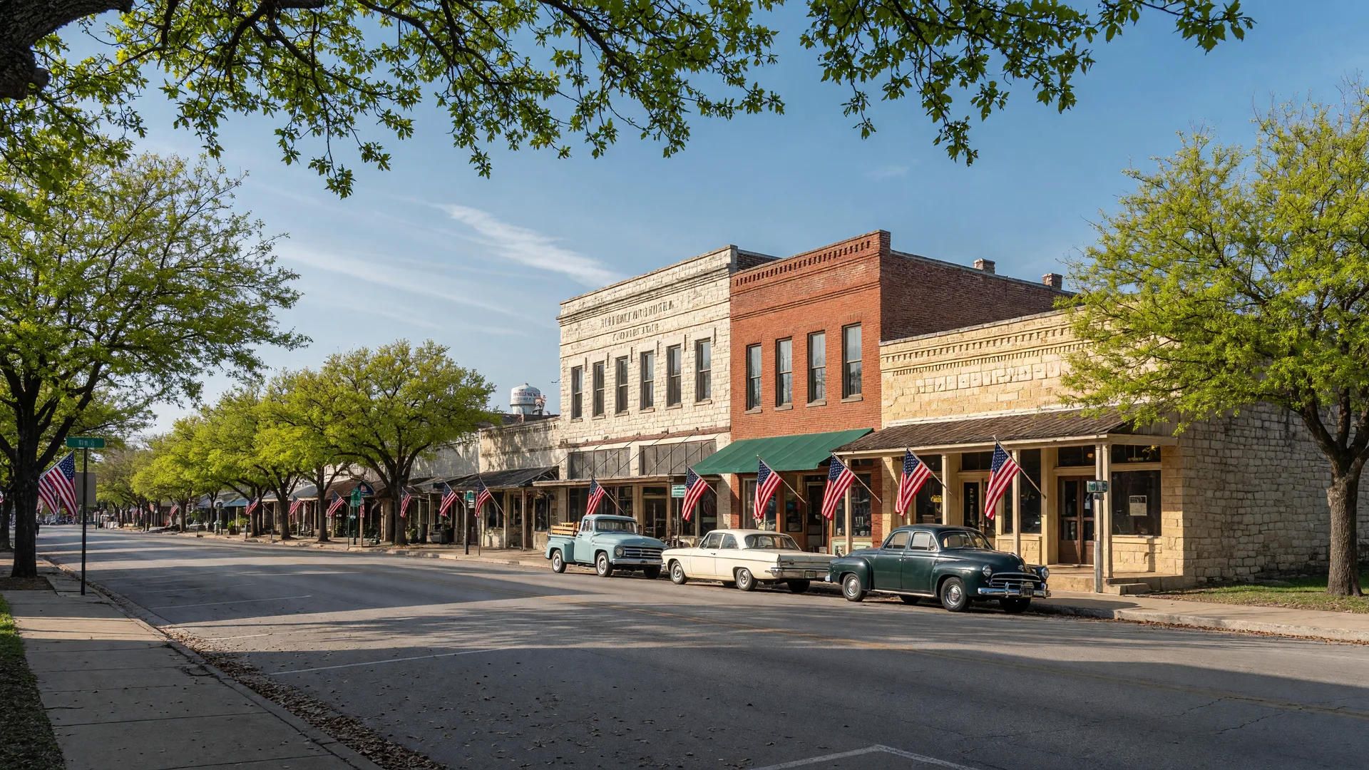 Historic downtown Johnson City, Texas with limestone and brick storefronts, live oak trees, and American flags on a sunny spring morning