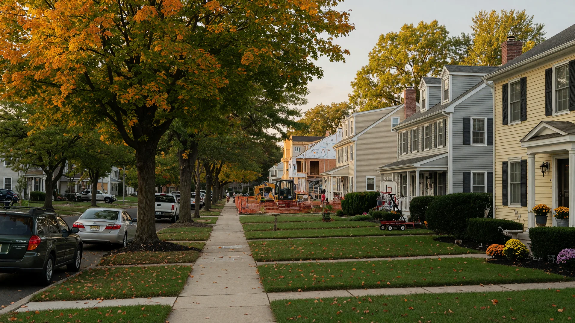 A tree-lined residential street in West Orange NJ with Colonial and Cape Cod homes, turning autumn leaves, and a small townhouse block under construction further down the block