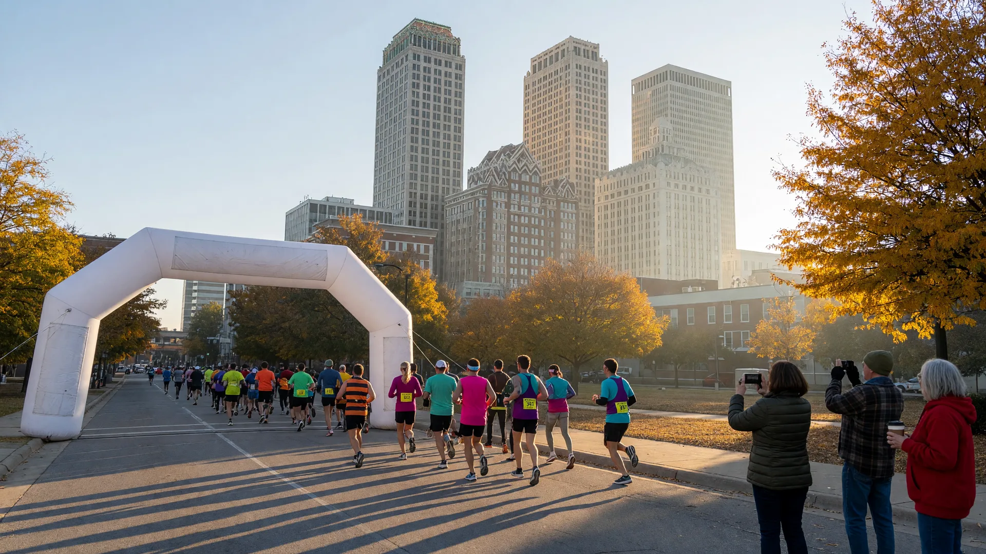 Runners crossing the start-line arch on Boston Avenue in downtown Tulsa on a crisp October morning with the Art Deco skyline behind them