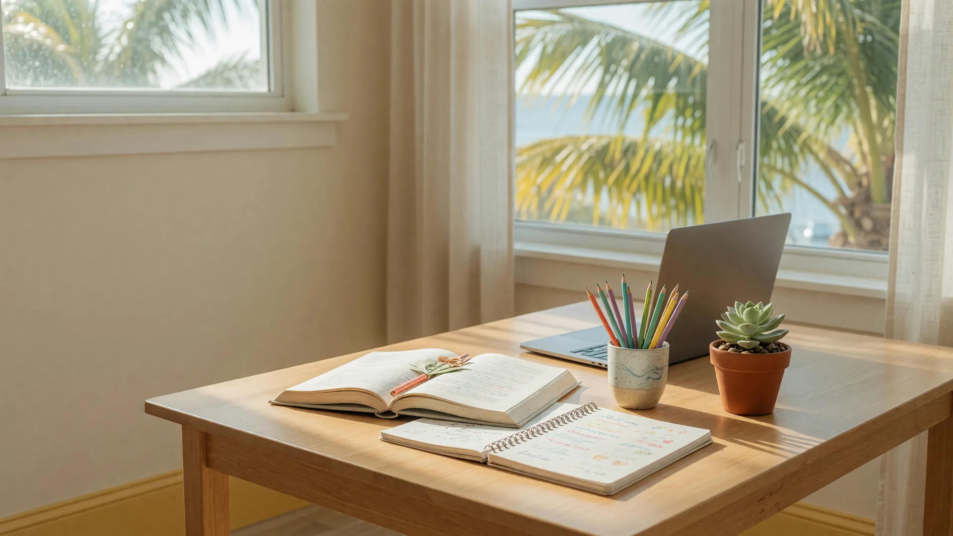 A bright homeschool learning table with open books, a journal, colored pencils, and a succulent in soft coastal morning light