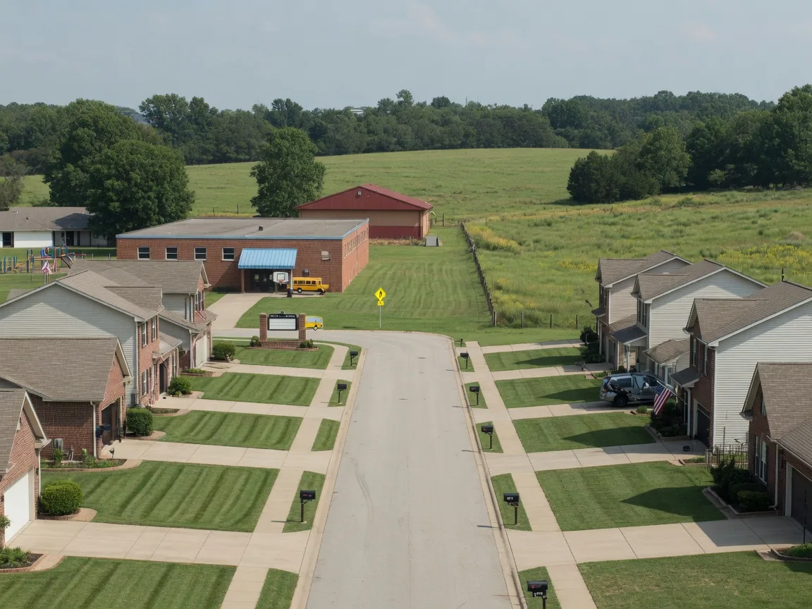 A quiet suburban street of 2010s brick and vinyl homes giving way to rolling pasture and a tree line