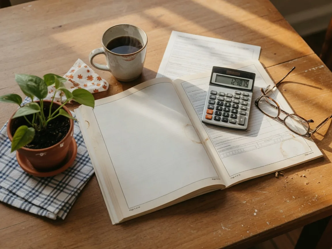 Flat-lay of a homeowners insurance policy document, calculator, reading glasses, coffee mug, and a small plant on a farmhouse kitchen table in soft autumn light