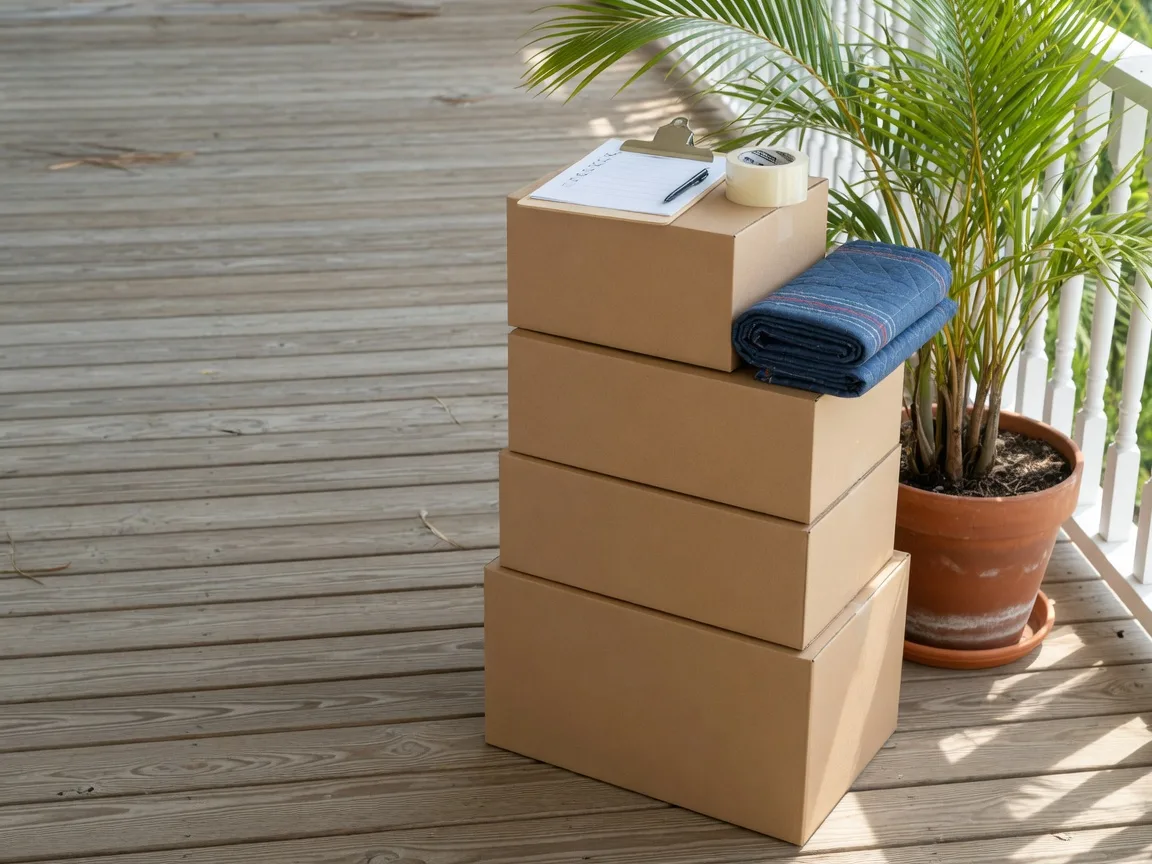 A neat stack of moving boxes on a lānai