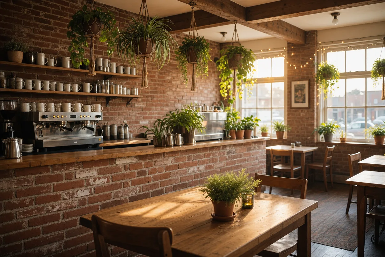 Warm interior of Summit Coffee Basecamp in downtown Davidson NC with rustic wooden tables, hanging plants, and natural light streaming through large windows