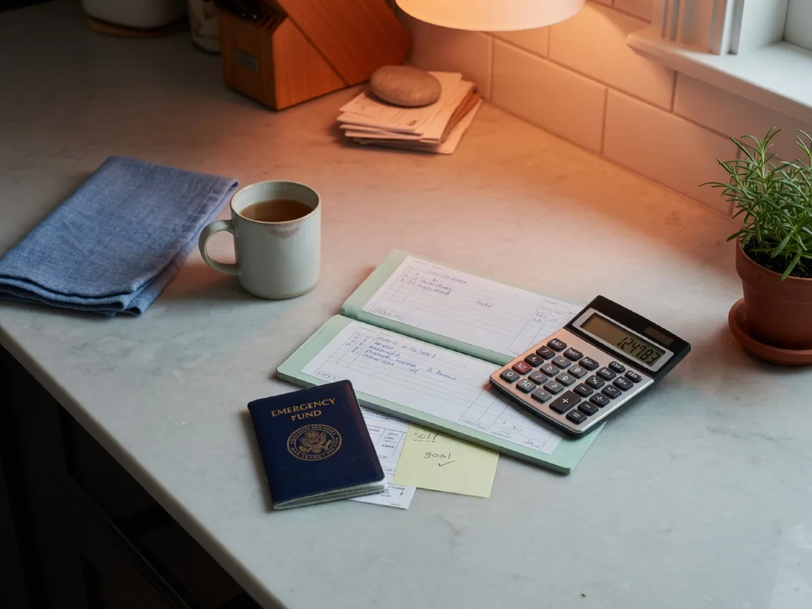 Checkbook and calculator on a kitchen island with a savings passbook, warm soft lighting, cozy home office setting