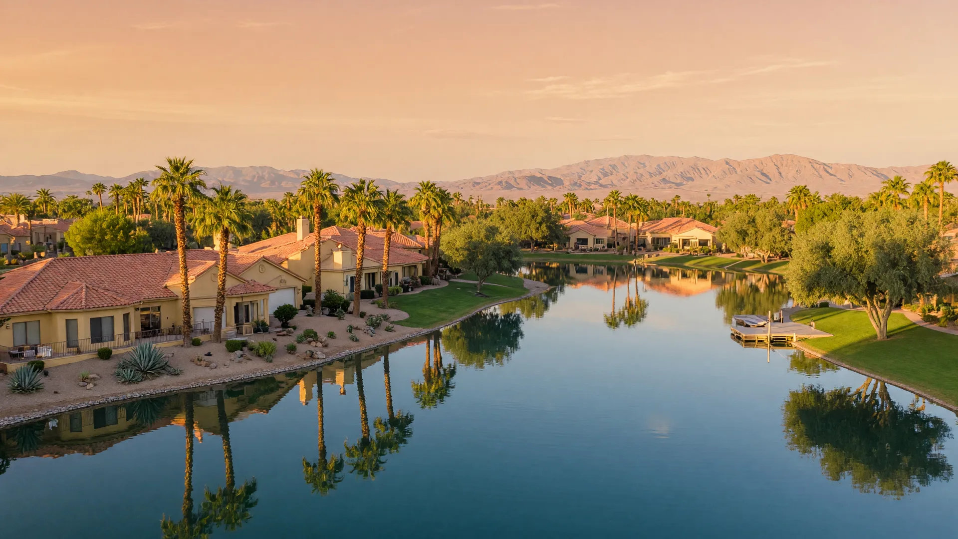 Golden-hour view of a calm neighborhood lake in The Lakes, Las Vegas, ringed by palm trees and sand-colored homes