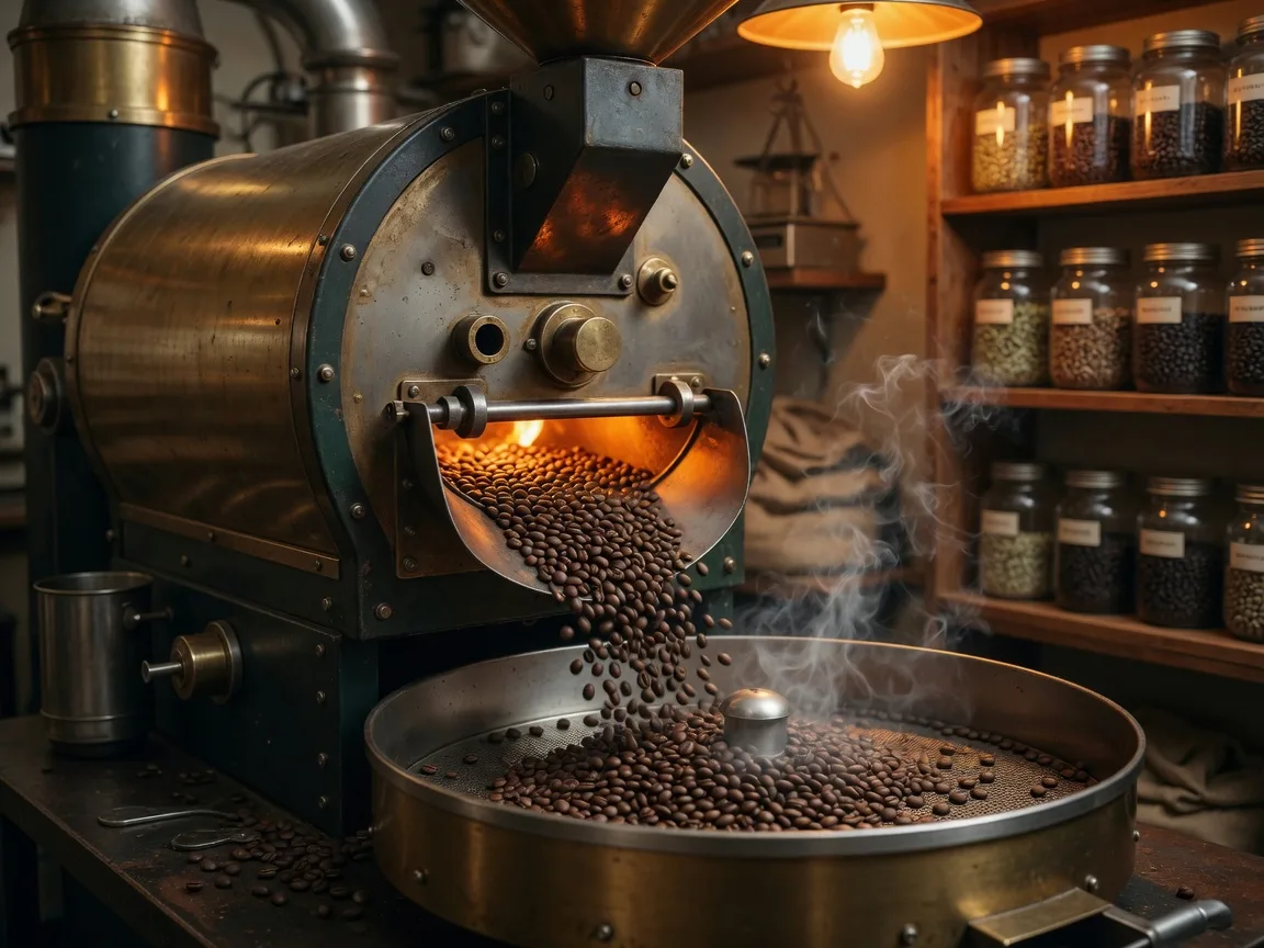 A brass and steel drum coffee roaster mid roast with roasted beans tumbling into a cooling tray