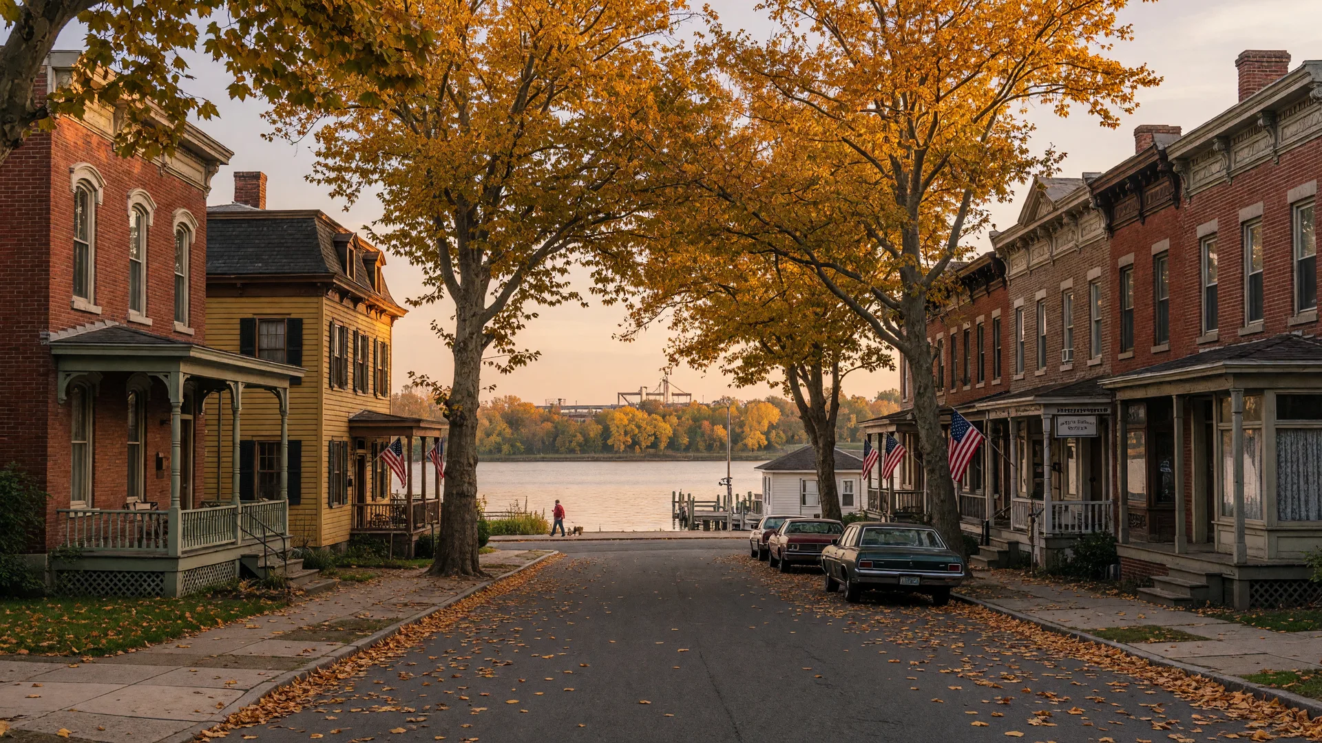 Historic riverfront street in Beverly, New Jersey with 19th-century homes along the Delaware River