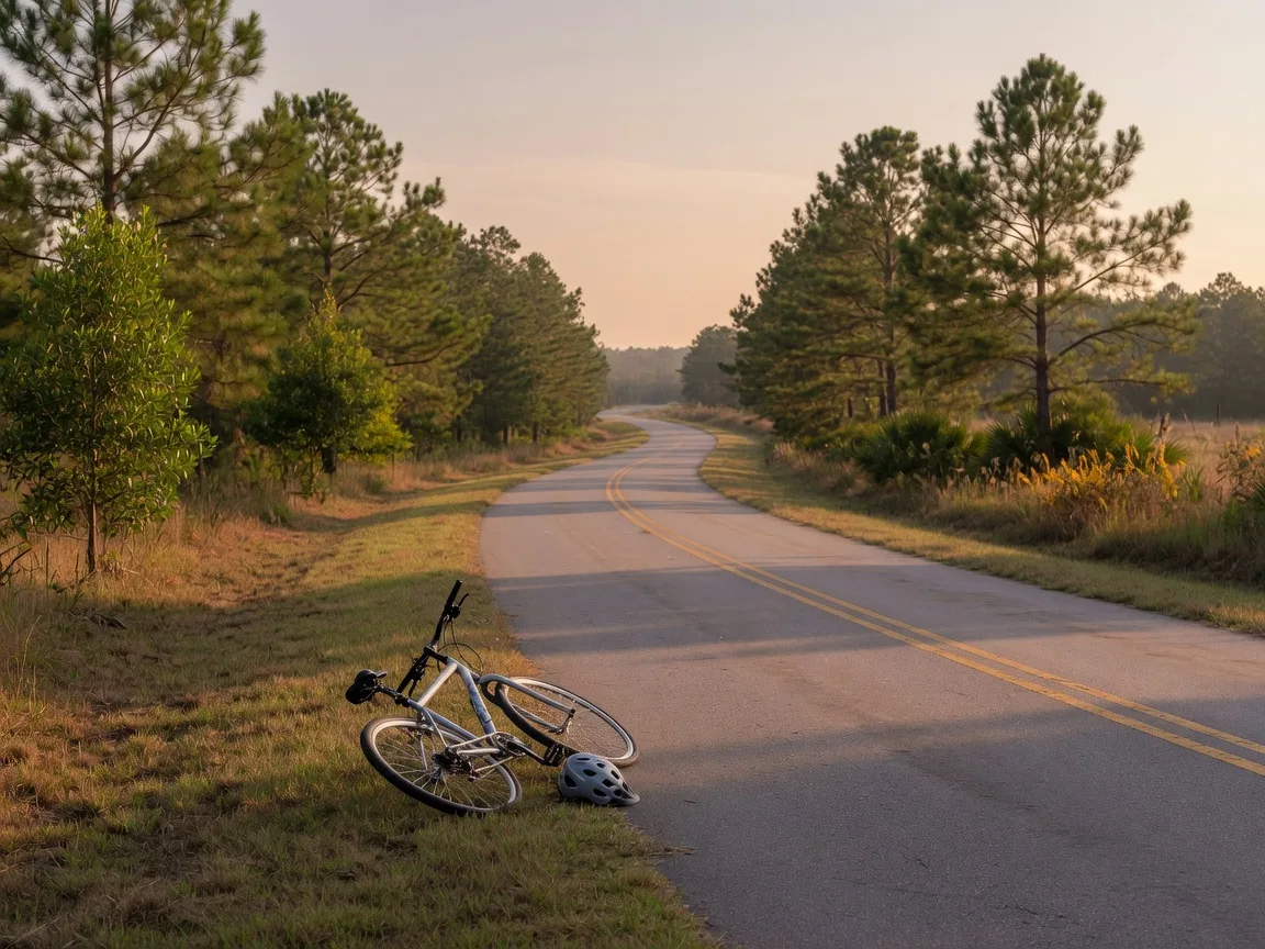 A quiet two-lane country road curving through pines in Johnston County NC with a bicycle on the grassy shoulder
