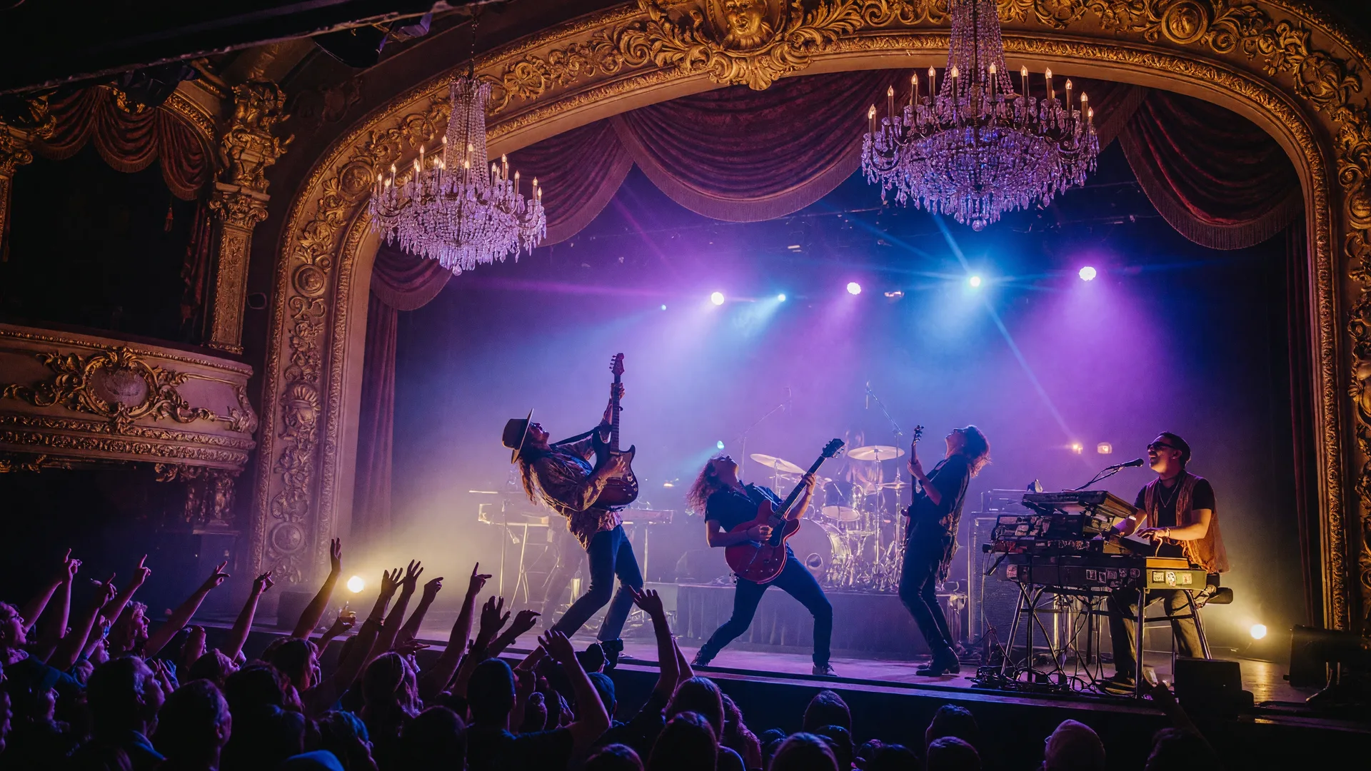 A psychedelic jam band performing on a historic theater stage under purple and blue lights